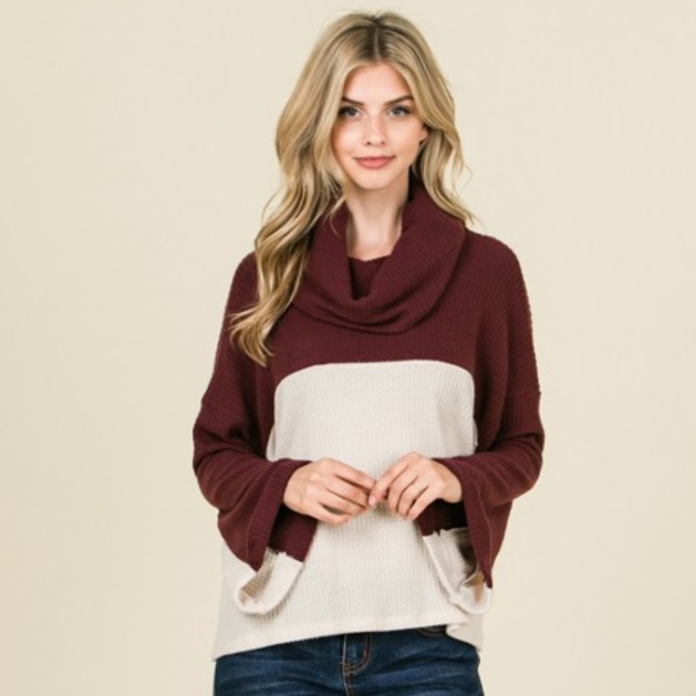 Lumiere 2 Tone Waffle Knit Sweater -Burgundy